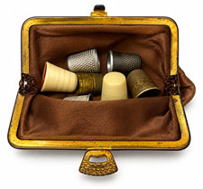 Vintage Lot of 7 Sewing Thimbles Metal & Ivory-Tone with Lewis coin purse picture