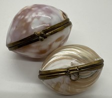 Vintage Shell Trinket Boxes Set Of 2. Mother Of Pearl And Cowrie Shell picture