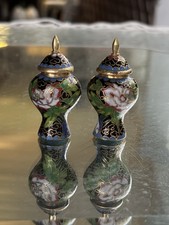 Vintage MINIATURE Chinese Cloisonné Lidded Jar Black, Pink, Gold Floral Enamel picture