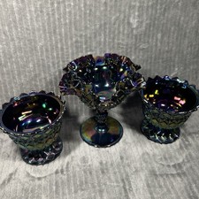 VTG 3 Piece L.E. Smith Carnival Glass Footed Pedestal Compote w/ Matching Mugs picture