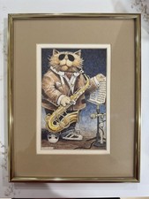 Vintage Art Orange Tabby JAZZ CAT Playing Saxophone Professionally Framed  Print picture