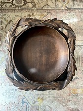 Vintage Hand-Turned and Carved Leaf Scroll Edge, Walnut Wood Bowl, Signed picture