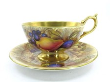 AYNSLEY Orchard Gold Teacup & Saucer Gold Interior Signed D. Jones Smooth Rim picture