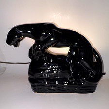 Vintage 1950s Black Glossy Ceramic Panther  TV Lamp Novelty Cat Animal WORKS picture