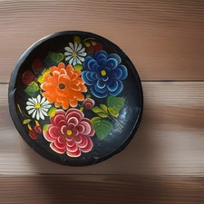 Mexican Folk Art Batea Bowl Hand Painted Carved Wooden Vintage 13