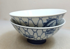 Vintage Blue & White Ceramic Rice Bowls Set of 2 Koi Fish & Blossom Mesh Design picture