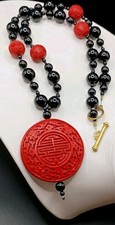 Art Deco Chinese Carved Red Cinnabar Pendant Necklace Black Beaded Stone 26