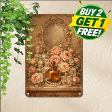 Vintage Boudoir Perfume Sign Shabby Chic French Rose Tin Metal Plaque 8x12 picture