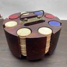 1930s Vintage Poker Chip Set Solid Wood Caddy w/Set of Pressed Board Poker Chips picture