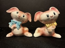 Vintage PY Japan Pink Bunny Rabbit Salt and Pepper Shakers 1950’s MCM *HTF Rare* picture
