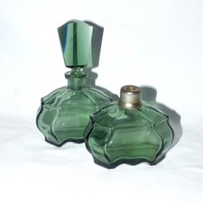 VTG 1948 Germany Art Deco Green Crystal Vanity Perfume Bottle Set Oberursel 534 picture
