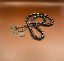 Vintage 49g Misbaha 33 Beads Tasbih Unmarked Silver Inlay Brass Coin Charms picture
