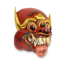 Balinese Three Eyed Demon Mask - Horned Leyak Monster Carved Wood Bali Folk Art picture