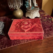 Antique Victorian French Red Velvet Keepsake Vanity Box Silk Lining Raised Lid picture