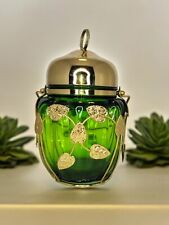 Vtg Emerald Green Glass Musical Biscuit Jar w/ Metal Lid Gold Leaf Outlay Japan picture