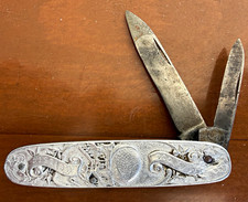 Vintage 2-Blade Slipjoint Pen Pocketknife Steel, Silver Metal Handle Le Globe picture