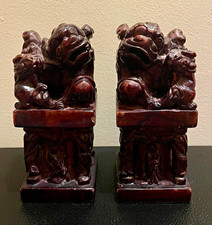 Vintage Chinese Soapstone Foo Dog Bookends Pair 1950s Guardian Lions 8” x 3” picture