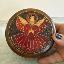 Vintage Handcrafted Wooden Angel Trinket Box Folk Art Wood Burned Keepsake Bowl picture