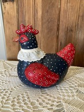 VTG Hand Painted Ceramic Hen Figurine Red/Navy Polka Dot Quilted Farmhouse picture
