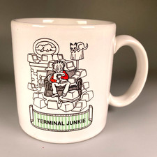 Terminal Junkie mug humorous VINTAGE computers 1980s Green Bar vaporwave cat picture