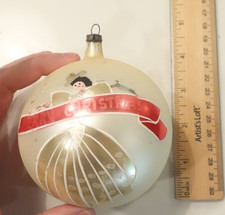 VINTAGE JUMBO BLOWN GLASS MERRY CHRISTMAS ORNAMENT POLAND DANCING GIRL w/ BANNER picture