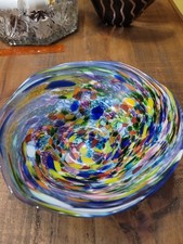 Signed James Hayes Art Glass Bowl Hand, Blowed, Blue,yellow,red Swirl Verified  picture