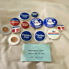 Vintage 1970s Texas campaign pins and tokens. Includes presidential guest pass picture