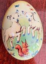 Vintage Tin Litho Easter Egg Candy Container, Lambs & Squirrel, Made in England picture