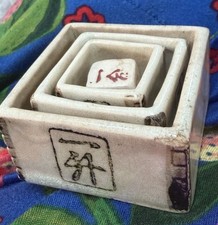 Vintage Nesting Ceramic Masu Sake Cups w/ Dice - Japanese Folk Art Drinking Game picture