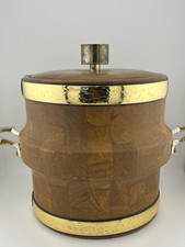 Vintage Mid Century Ice Bucket Vynyl Faux Wood 1960s Handles Lid Insulated picture