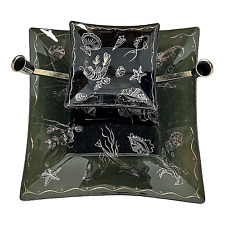 MCM 2 Tier Black Glass Tray Dish Gold Sea Creatures Candle Holder Chip Dip VTG picture