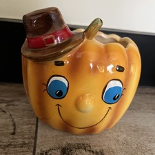 Vintage RELPO Blue Eyed Happy Pumpkin Jack -o-Lantern Planter has Hat Halloween picture
