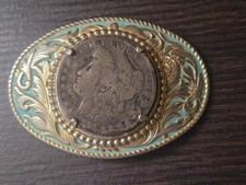 Vintage Western Belt Buckle 1901 Morgan Dollar Style Coin Turquoise Gold Tone picture