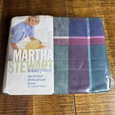 Vtg Martha Stewart Twin Flat Sheet Navy Green Plaid 200 Thread Count 1997 NOS picture