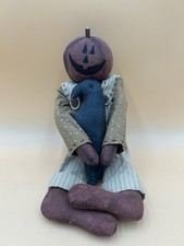 Primitive Pumpkin With Black Crow Doll Halloween Folk Art Jack O Lantern. picture