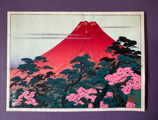 Artist unread Small Japanese Woodblock  Print Red Fuji in distance in Spring picture