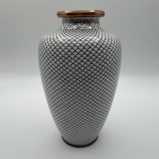 Vintage Chinese Cloisonné Vase White Enamel Fish Scale Copper Rim 6.25