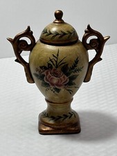 Floral Art Handpainted Ceramic Gold Urn Handle Pedestal Vase W/ Lid picture