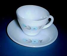 Vintage FIRE KING White Glass 8 oz  Coffee or Tea Cup & Saucer Set BONNIE BLUE picture
