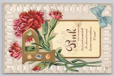 Vintage Embossed Floral P Initial Pink Carnation Poem Postcard c.1910 picture