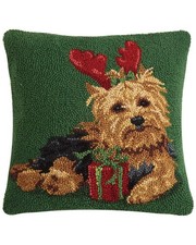 Peking Handicraft Christmas Yorkshire Terrier Hook Wool Pillow, Green picture