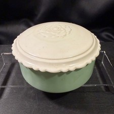 Vintage Seafoam Green Milk Glass Puff Box White Rose Lid Scalloped Vanity Jar picture