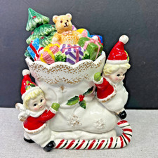 Vintage Style Christmas Boot Candy Cane Sled Elves Toys Ceramic Canister w/lid picture