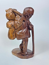 Vintage Hand Carved Wood Porter Traveler Folk Art Figure Bundles Walking Staff picture