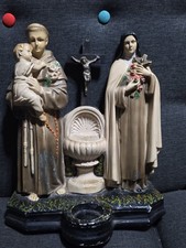 Vintage Catholic Chalkware Holy Water Font St Anthony Saint Therese Cross picture