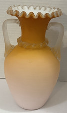 Vintage Victorian Peach Satin Glass Vase Ruffled Rim Art Glass Two Handled picture