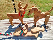 3 Vtg Jointed Wooden Reindeer Horse Bear Christmas Ornaments picture