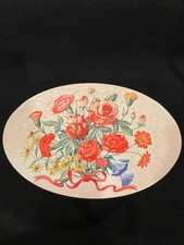 Oval Metal Tin W Lid Light Pink W Carnations Roses + Ribbons Taiwan 7 X 5 X 3.5 picture
