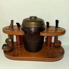 Vintage Dun-Rite Large Walnut Pipe Rack w/Duraglas Brown Glass Humidor & 5 Pipes picture