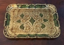 Vintage Italian Florentine Wood Serving Tray – Gilt Gold & Green Baroque Design  picture